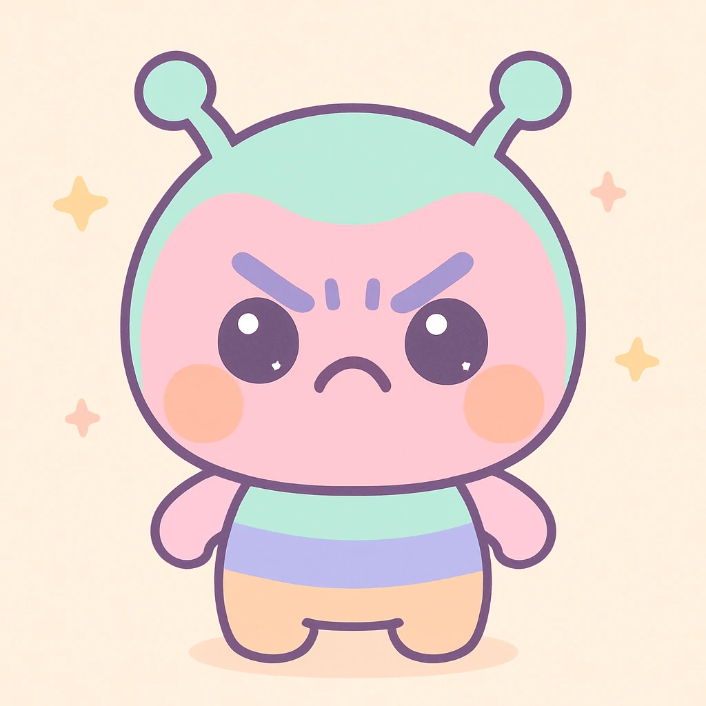 adorable cartoon alien with furrowed brows and puffed cheeks, angry expression, round head, bright colors, cute details emoji