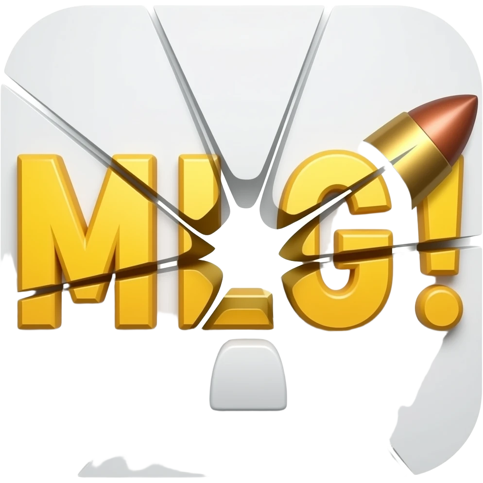 Надпись MLG! жёлтого цвета разорвана в дребезги как стекло пулей emoji