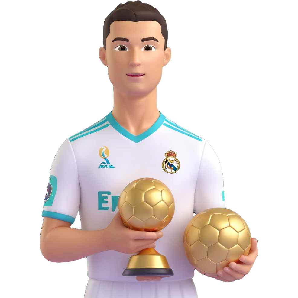 Cristiano Ronaldo in Real Madrid soccer uniform holding the Golden Ball trophy emoji