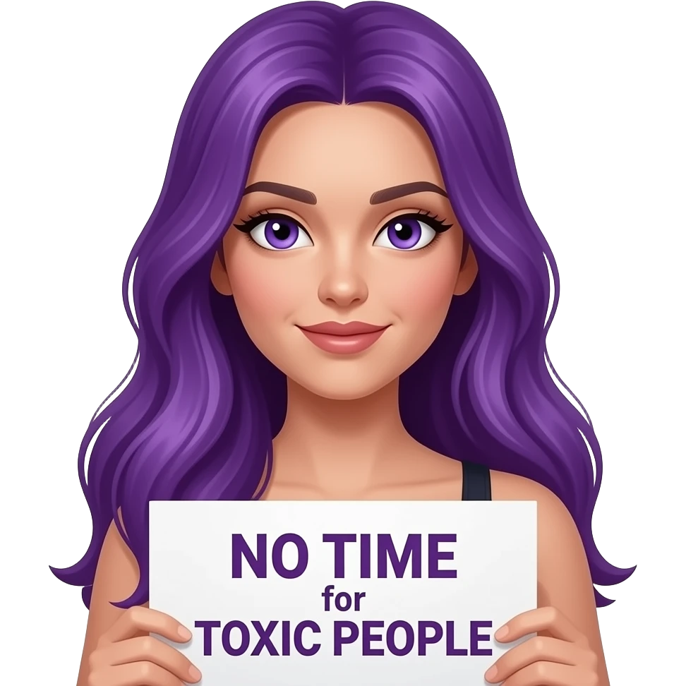 sexy girl with long purple hair and purple eyes holding a NO TIME for TOXIC PEOPLE sign emoji