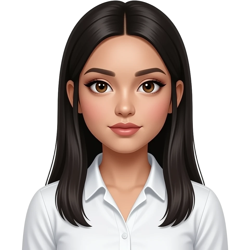 fille cheveux noirs 18 ans, yeux bruns, asiatique, bronzée, cheveux longs lissés, gros maquillage, botox, chemise blanche serrée emoji