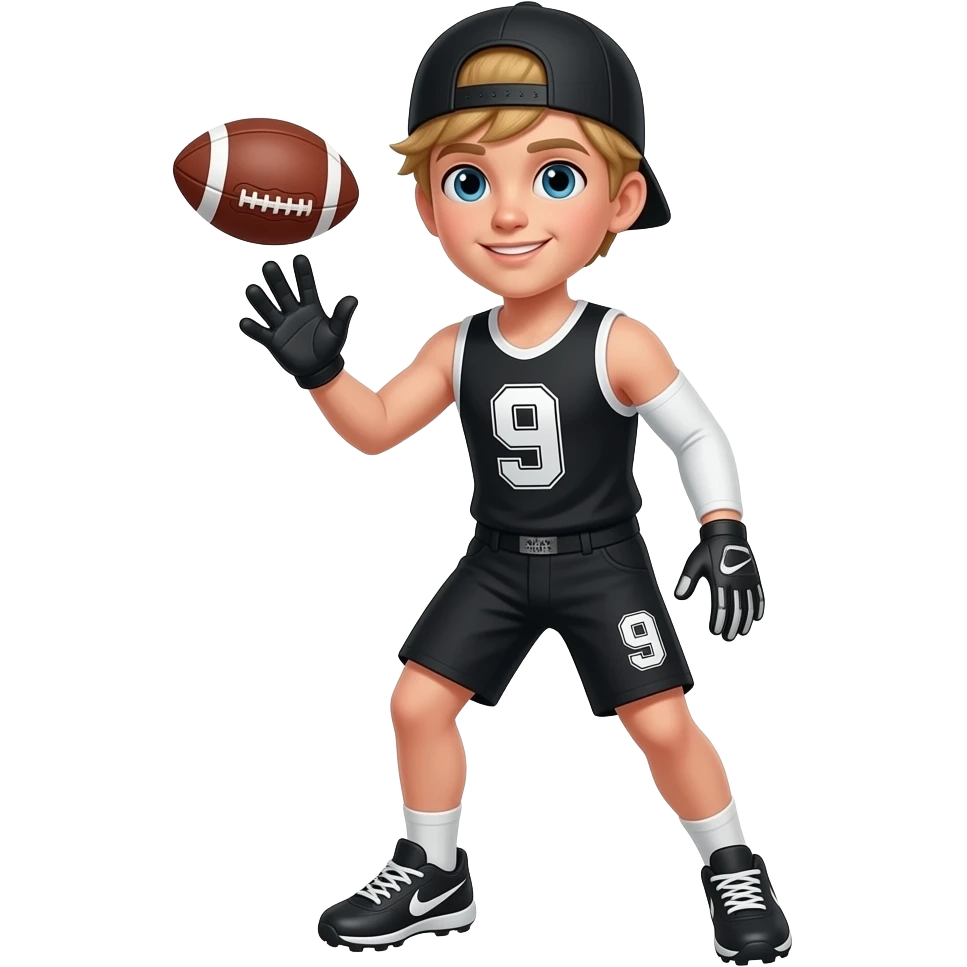 White skin teenager boy white arm sleeve with black skullcap with blonde medium hair black tank top with white number 9 black shorts number 9 Nike cleats catching the footbal black gloves emoji