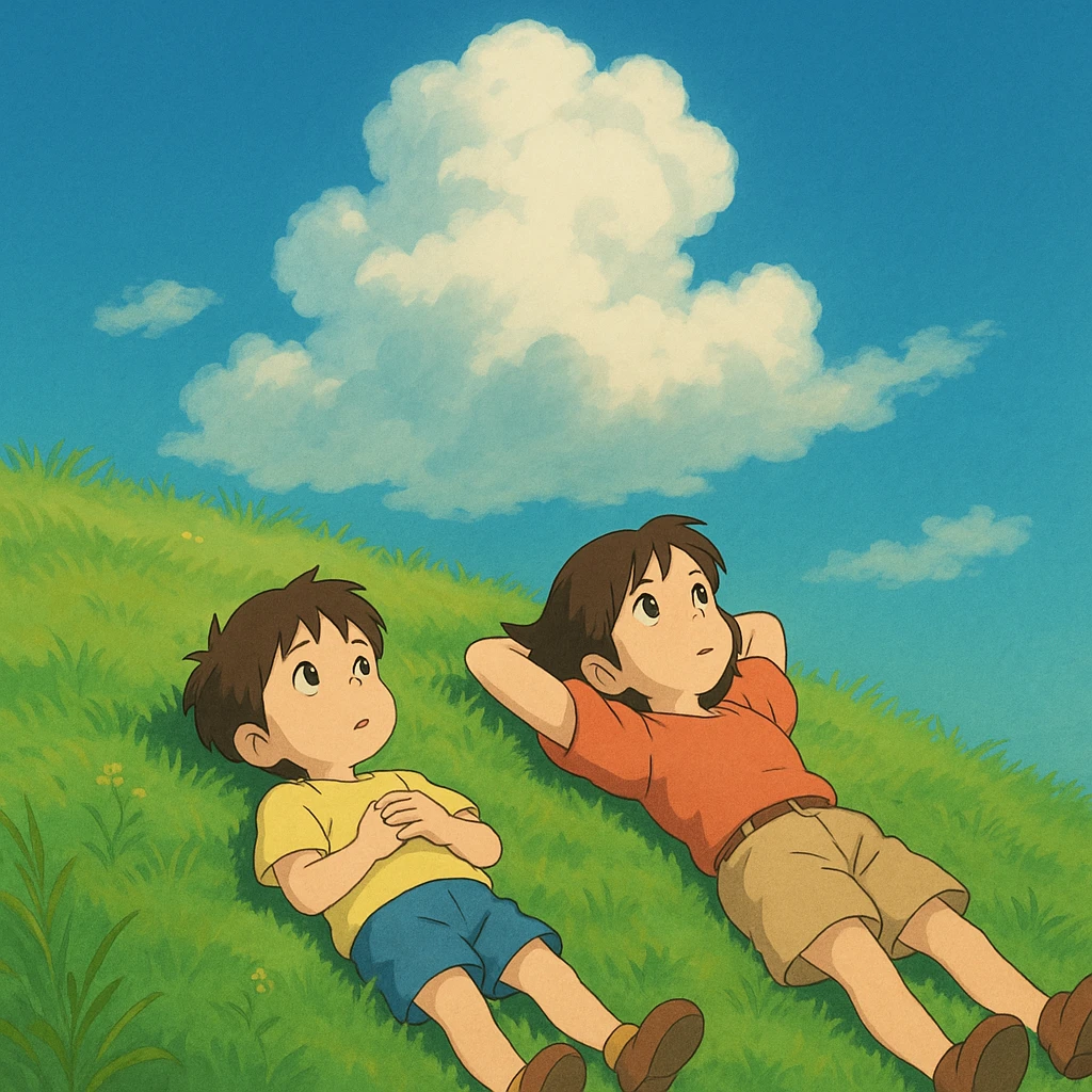 Two siblings lying on a grassy hill, gazing up at drifting cloud emoji