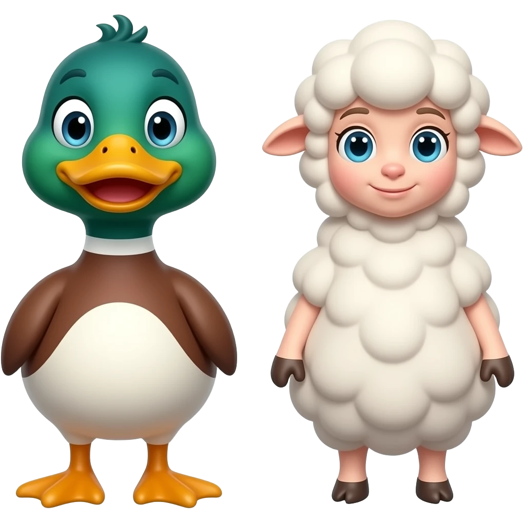 A cartoon 3d duck a minus sign and the letter d, a plus sign and the letter f, a female cartoon sheep emoji