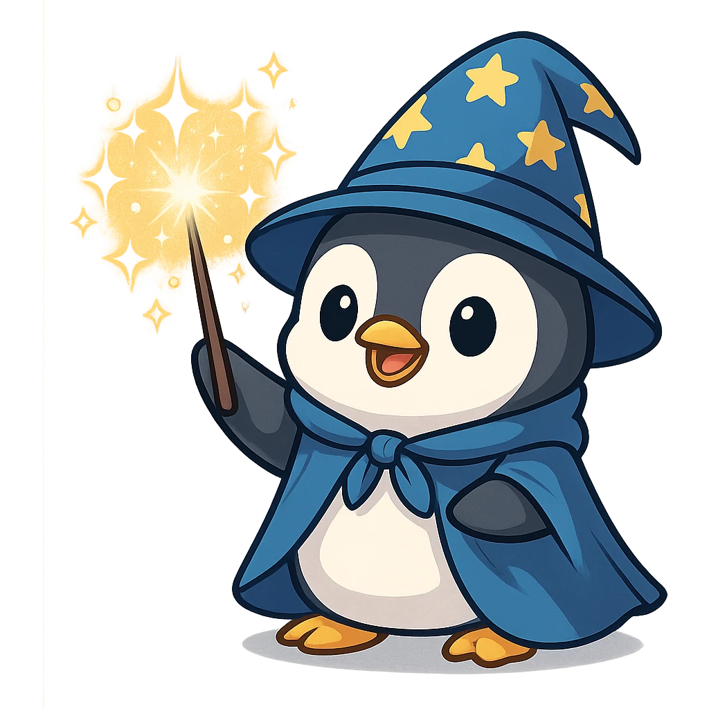 a cute penguin wizard casting a spell, sparkly effects, cartoon style emoji