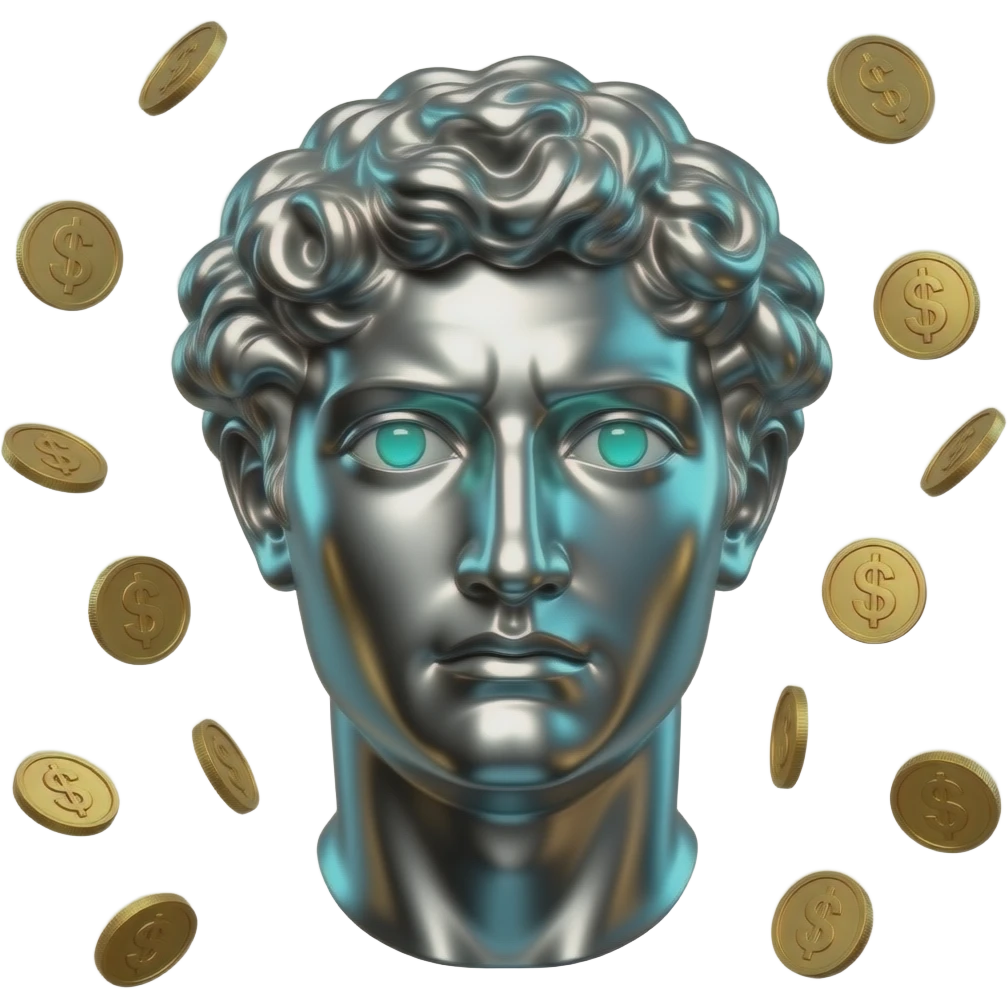 A polished chrome stoic Greek statue head  glowing cyan (#00D4B1) eyes, dark background. Metallic reflections with subtle cyan light accents. with money coins falling in the background emoji