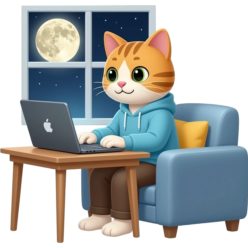 Кот в домашней одежде работает за ноутбуком ночью при полной луне emoji