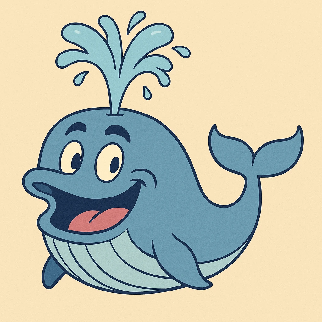 a blue whale spouting water, minimal shading, playful expression, flat toon style emoji
