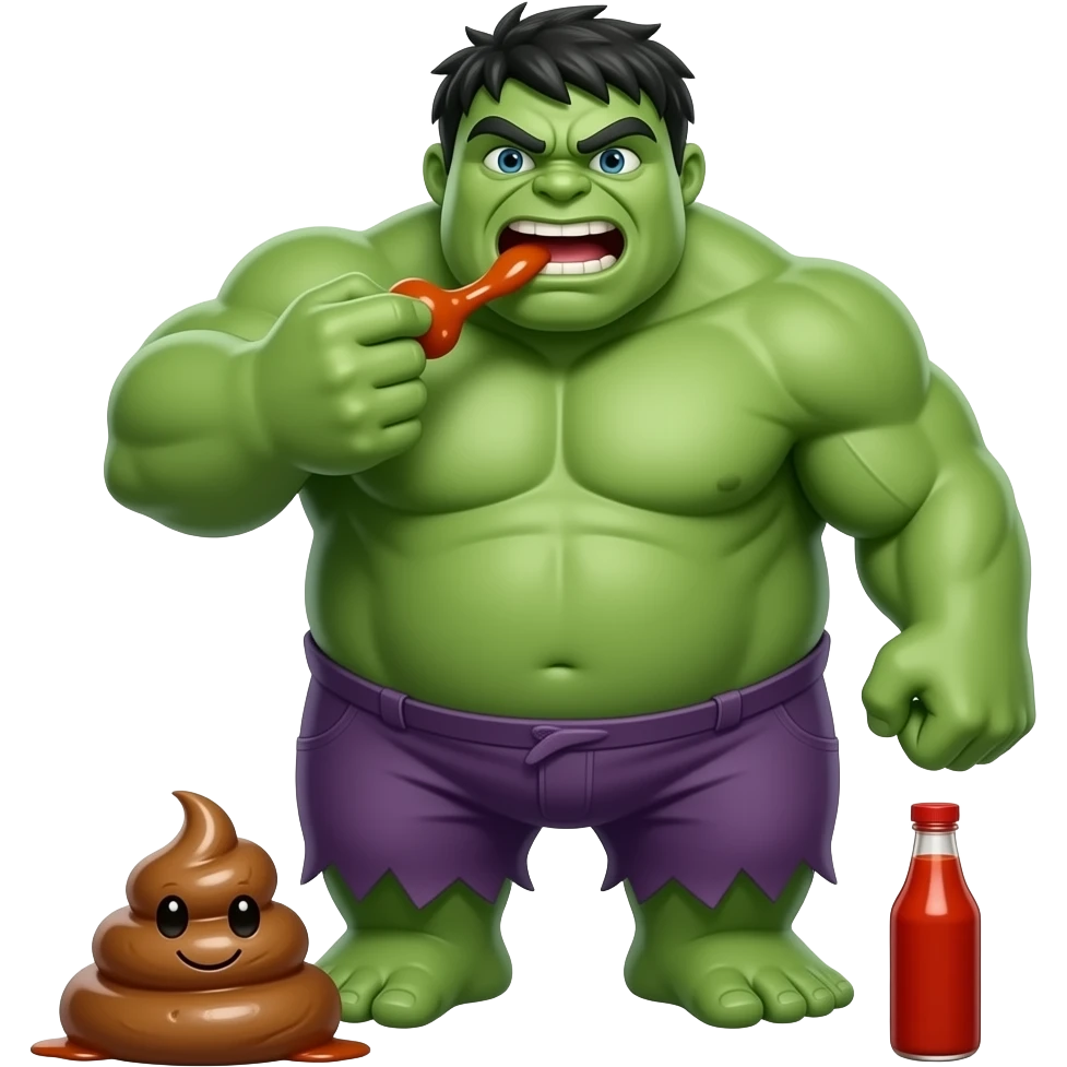 fat Hulk eating poop with hot sauce emoji