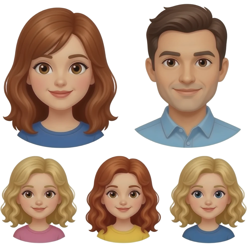 White Mom red-brown hair and brown eyes , brown hair Dad,  blonde curly hair 8 year old girl with brown eyes,  a Red curly hair 12 year old Girl, and blonde curly hair 5 year 5 old girl emoji