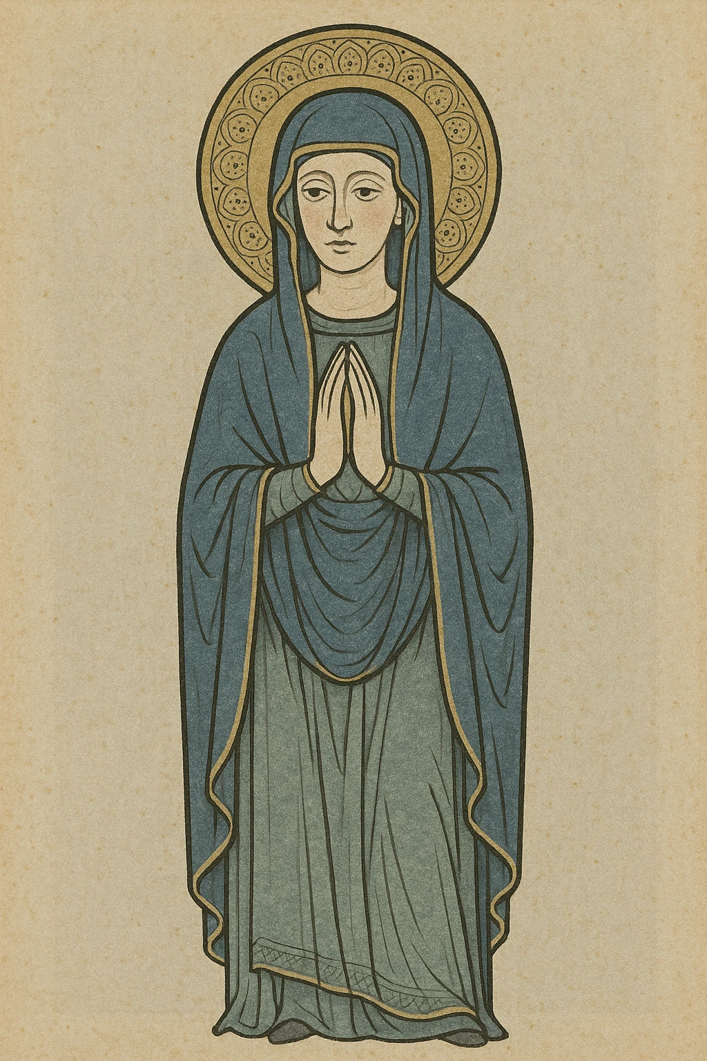 Vierge Marie, style médiéval, auréole dorée, manteau bleu, mains jointes, visage doux, fond neutre emoji