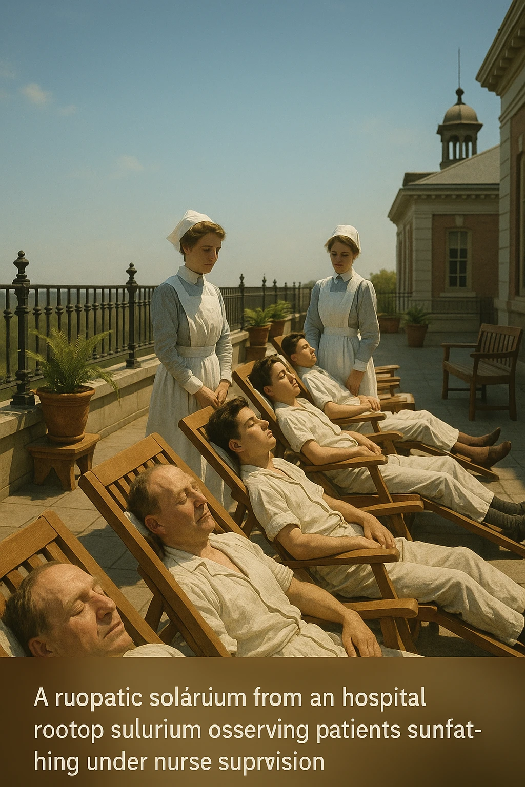 A realistic cinematic image of a hospital rooftop solarium from the 1900s, patients sunbathing under nurse supervision for heliotherapy against tuberculosis and rickets. emoji