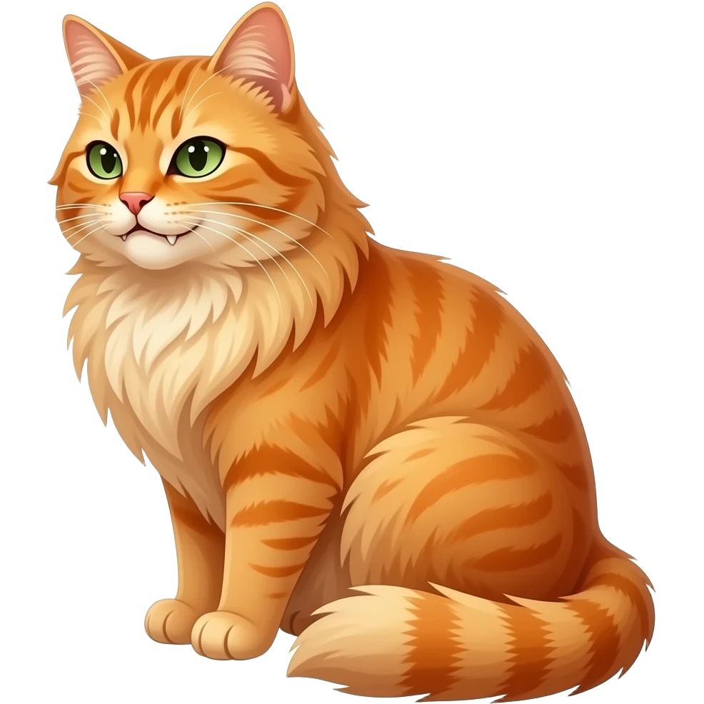 long haired orange cat with determined eyes, green eyes, long haired, smirk, one teeth, full body, sitting, side view emoji