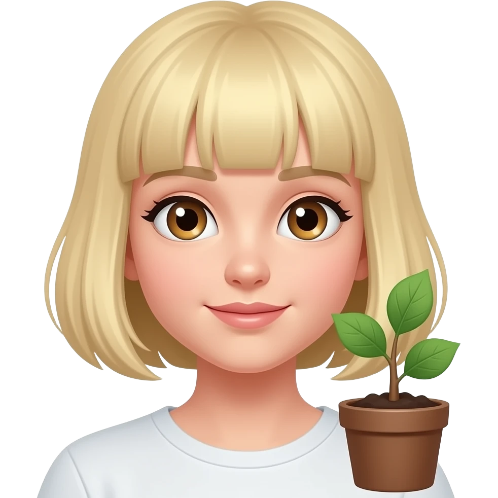 a blond teenage girl with bob haircut and brown eyes planting a tree emoji