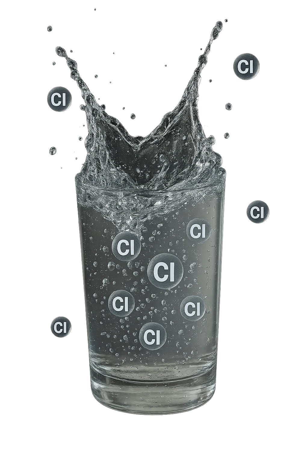 un bicchiere di acqua cade verticalmente dall'alto realistico e dettagliato, dentro l'acqua del bicchiere ci sono particelle di cloro ben visibili con la scritta "Cl" sopra, ci sono particelle anche che escono dal bicchiere e fluttuano in aria verticalmente, mentre alcune sono all'interno dell'acqua nel bicchiere, iperrealistico 4k emoji