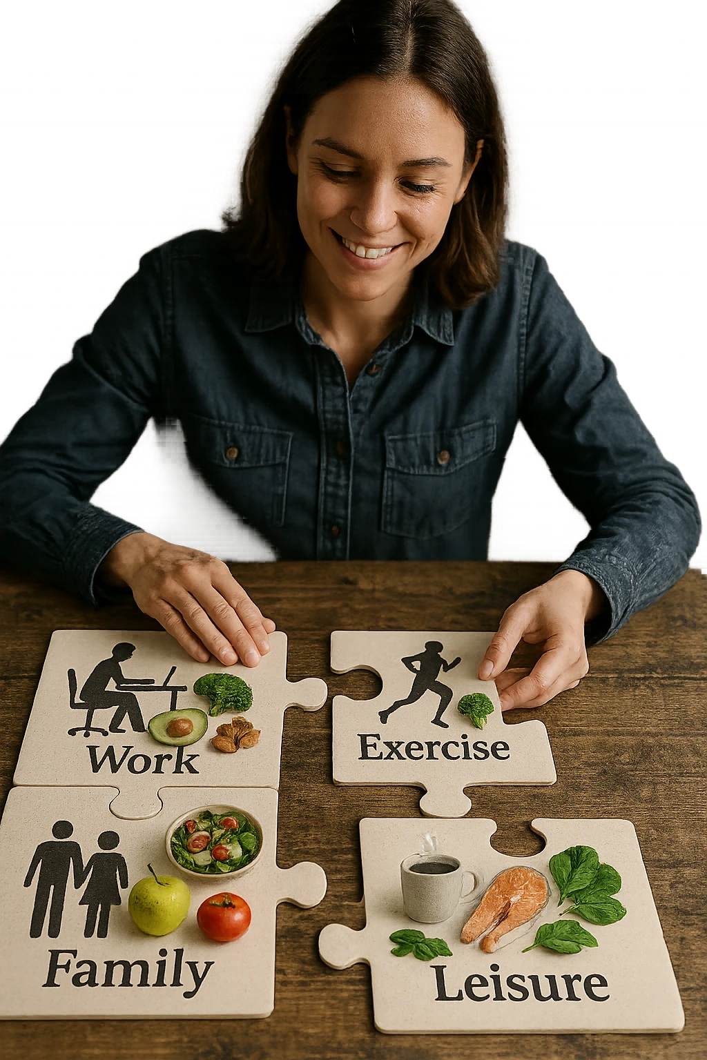 realistica cinematic photo a person is surrounded by puzzle pieces, each representing a different aspect of their life (work, exercise, family, leisure), and healthy foods are integrated into each piece. The person assembles the puzzle, creating a complete, personalized nutrition plan. The mood is uplifting and creative. in italiano emoji