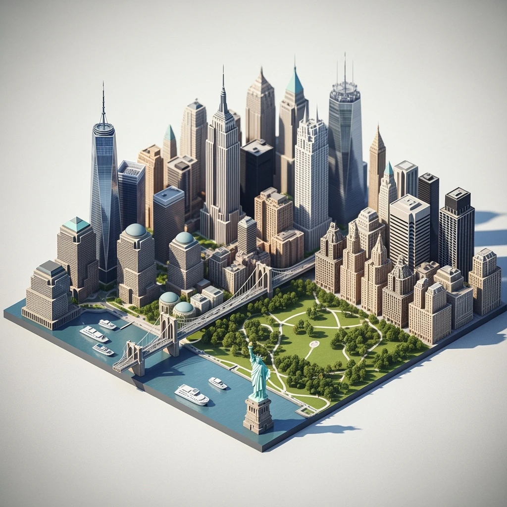 Isometric miniature of New York Сity Empire State Building, One World Trade Center, Statue of Liberty, Brooklyn Bridge, and Central Park 3D miniature effect and Tilt Shift effect, no cartoonish look, transparent background. emoji
