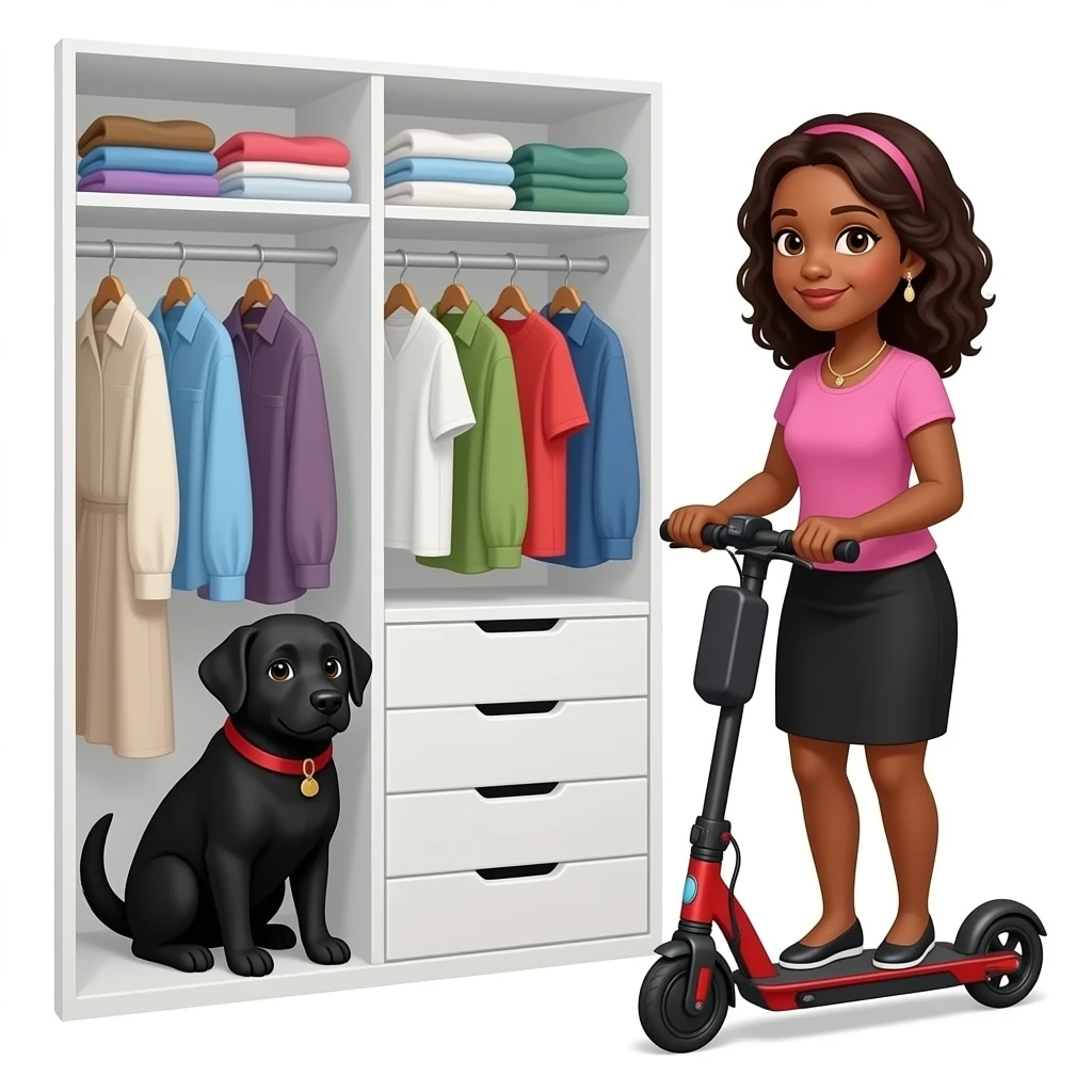 Black lab hiding in clothes walkin closet with black skinned female owner on  mobility scooter emoji