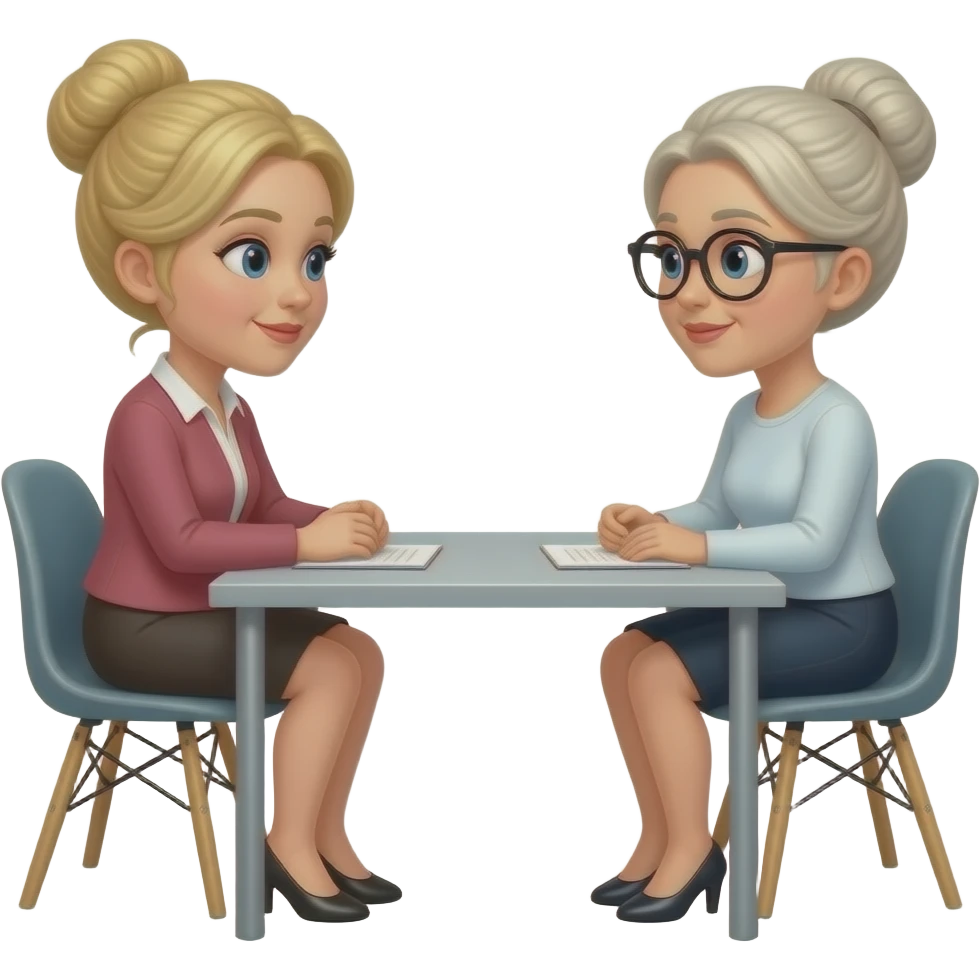 one-on-one meeting with two women, one blonde one blonde-grey updo and black-framed glasses sitting at a table across from each other emoji