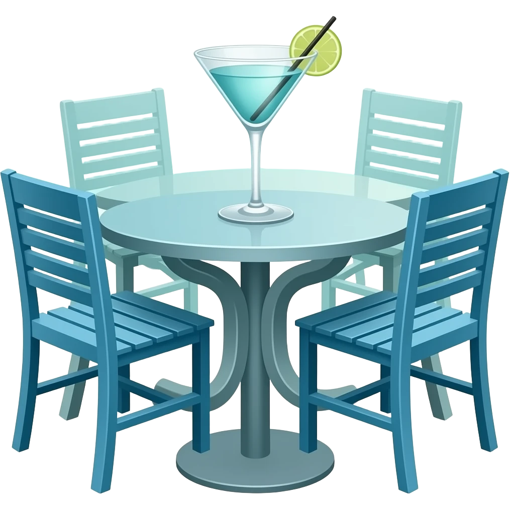 3D emoji style, glossy surface, soft shadows, white background, centered, no text, creek-side patio table with martini, relaxed upscale vibe, blue and teal tones, no structures emoji