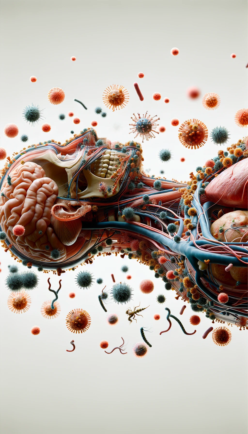 corpo umano anatomico di profilo con virus e parassiti che cercano di attaccarlo , isolato su sfondo bianco, iperrealistico 4k emoji