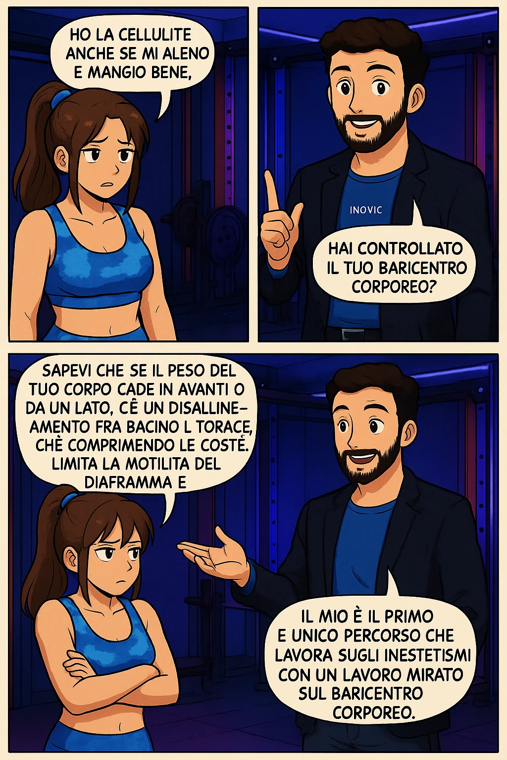 PRENDI SPUNTO DA QUESTO STILE FACENDO UN WEBTOON/MANGA:

LEI (DONNA): Ho la cellulite anche se mi alleno e mangio bene, cosa posso fare?

LUI (UOMO): Hai controllato il tuo baricentro corporeo?
LUI (UOMO): Sapevi che se il peso del tuo corpo cade in avanti o da un lato, c’è un disallineamento fra bacino e torace, che comprimendo le coste, limita la motilità del diaframma e l’ossigenazione dei tessuti?
LUI (UOMO): Il mio è il primo e unico percorso che lavora sugli inestetismi con un lavoro mirato sul baricentro corporeo. emoji