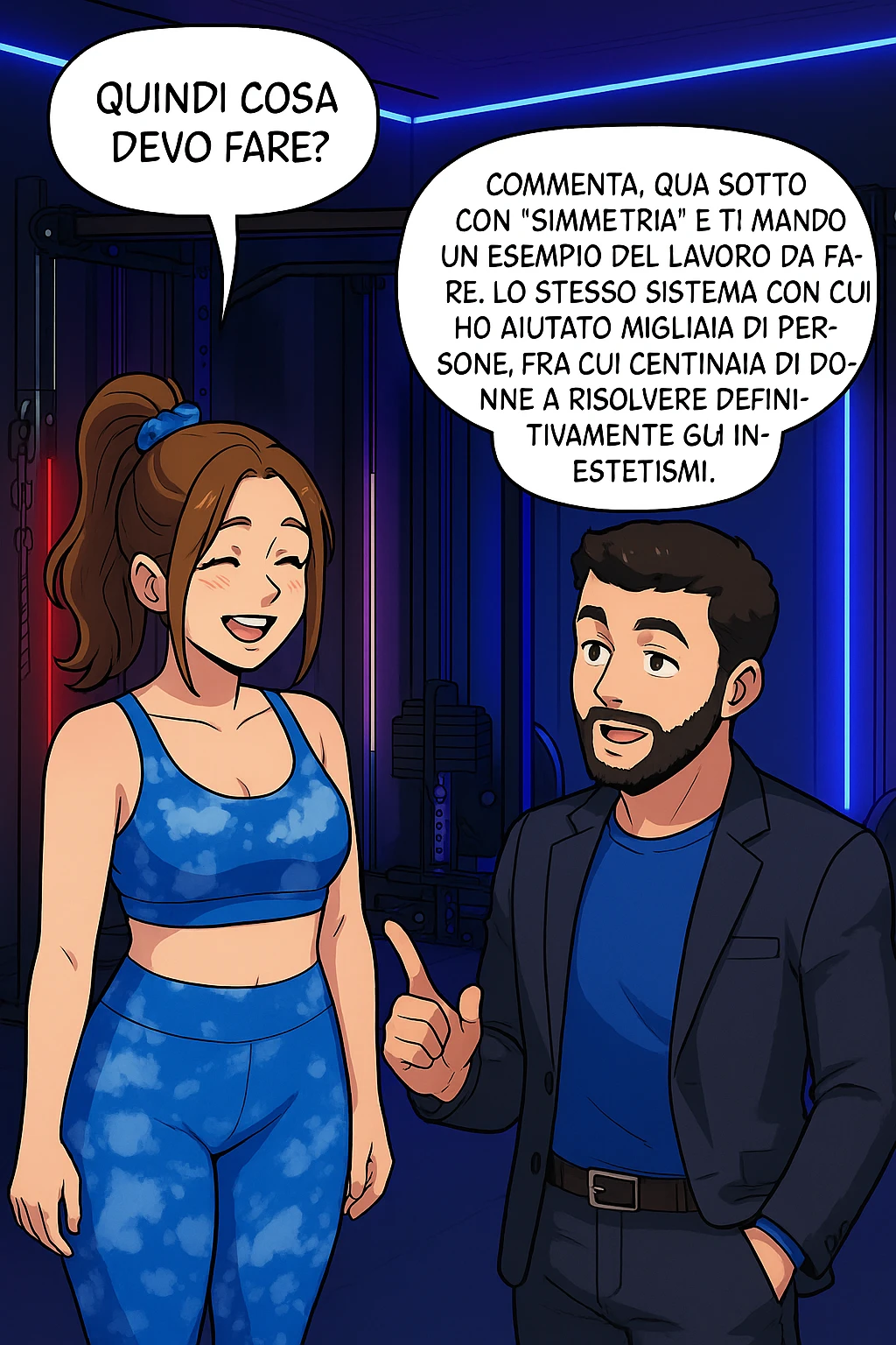 TRASFORMA QUESTO CAROSELLO IN UN FUMETTO STILE WEBTOON/MANGA A COLORI CON QUESTE DUE PERSONE IDENTICHE CHE INTERLOQUISCONO TRA LORO, LA DONNA SEMBRA SOLLEVATA/SODDISFATTA E CONTENTA:

LEI (DONNA): Quindi cosa devo fare?
LUI (UOMO): Commenta, qua sotto, con “simmetria” e ti mando un esempio del lavoro da fare. Lo stesso sistema con cui ho aiutato migliaia di persone, fra cui centinaia di donne a risolvere definitivamente gli inestetismi. emoji