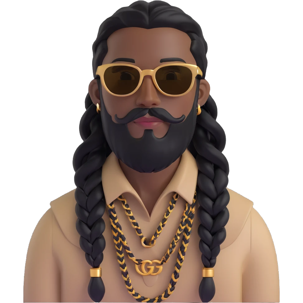 3D emoji man with medium to dark skin tone, long black hair in tight braids, connected beard and mustache, rectangular gold sunglasses, light beige Gucci top with GG pattern, visible collar emoji