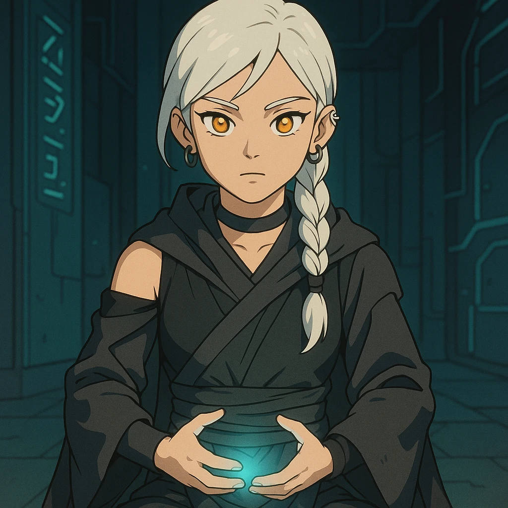  a closeup portrait of young woman with gold yellow eyes, white hair, long braid, black off-shoulder top, punk gothic style, futuristic cyberwave cyberpunk,  jedi attire, kneeling and gathering chi, jedi meditate emoji