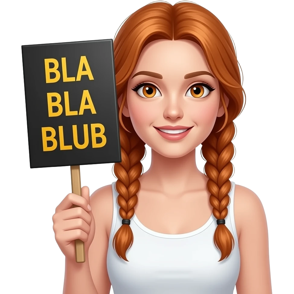 sexy girl with long ginger braids and ginger eyes wearing a white tanktop is holding a black sign with BLA BLA BLUB written on it emoji