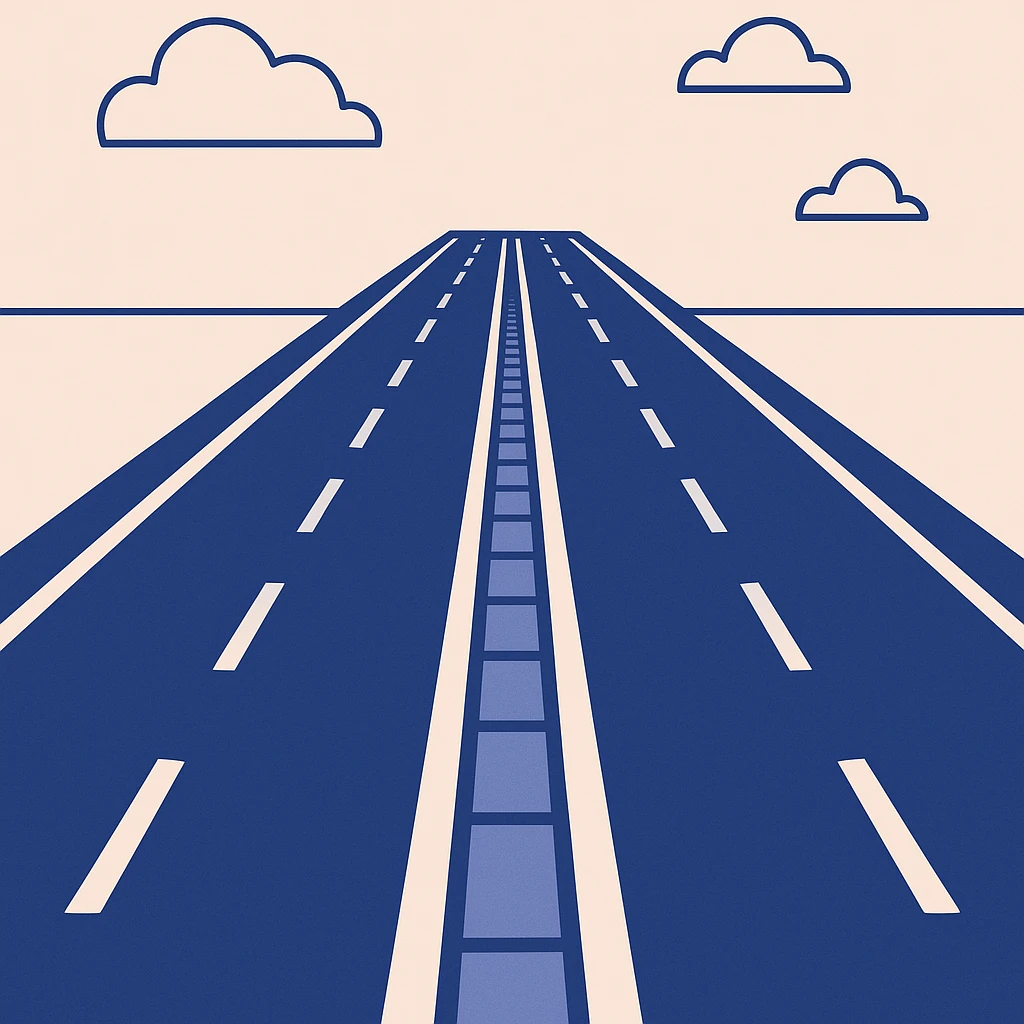 a modern expressway with multiple lanes, smooth asphalt, and clear lane markings, seen from above, flat blue illustration style emoji