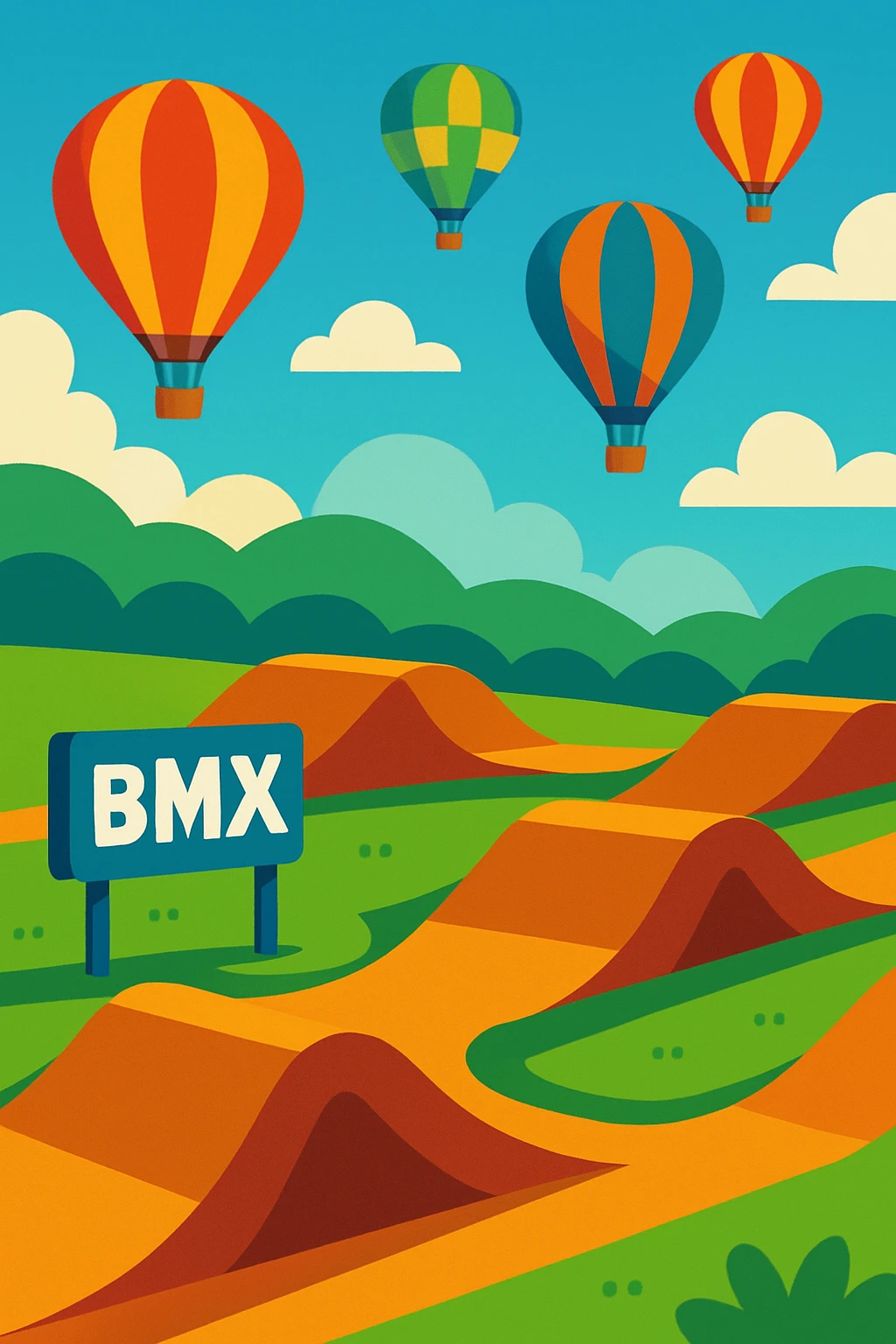 BMX track with hot air balloons in the background, cartoon style emoji