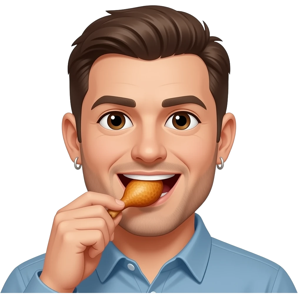Hombre comiendo comiendo pollo con aretes en las orejas emoji