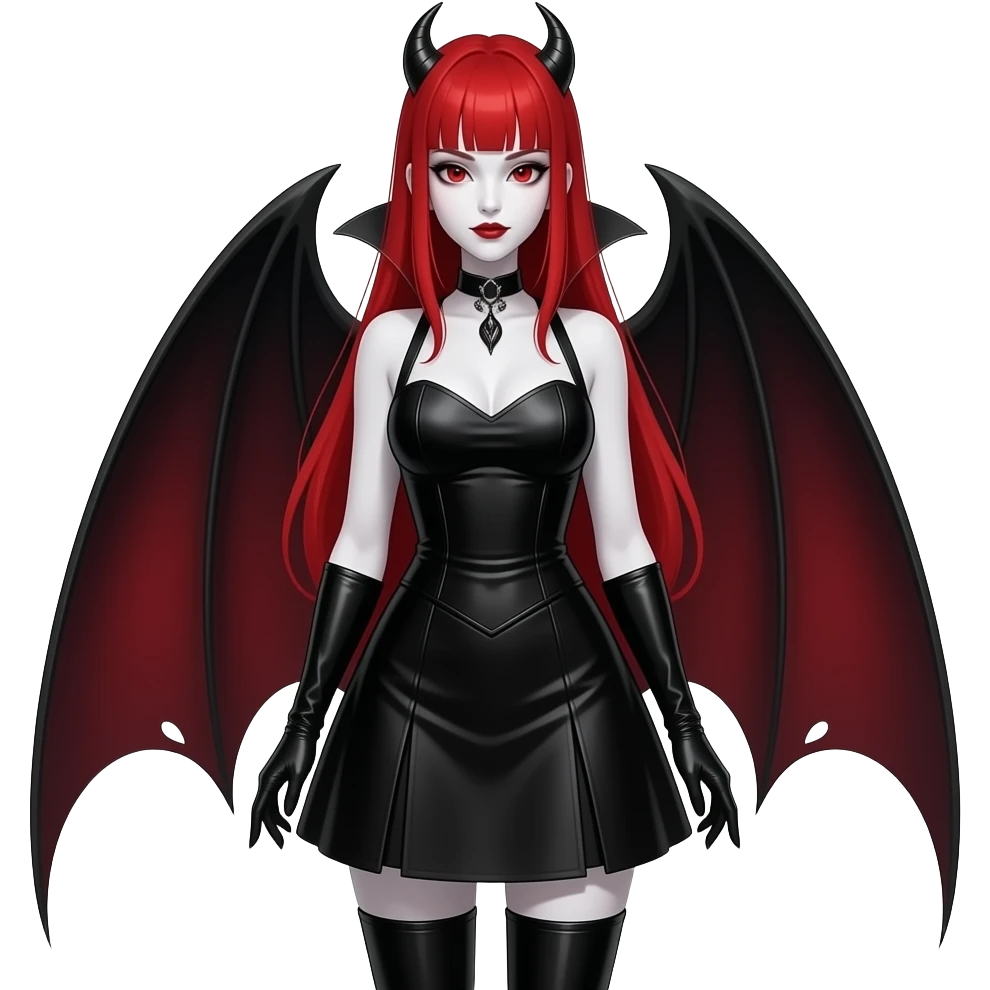 Vampiro femmina con pelle bianca capelli lunghi  rossi dritti e la frangetta che indossa un abito stretto in vita e largo sotto che arriva alle ginocchia nero con anfibi lunghi, emoji