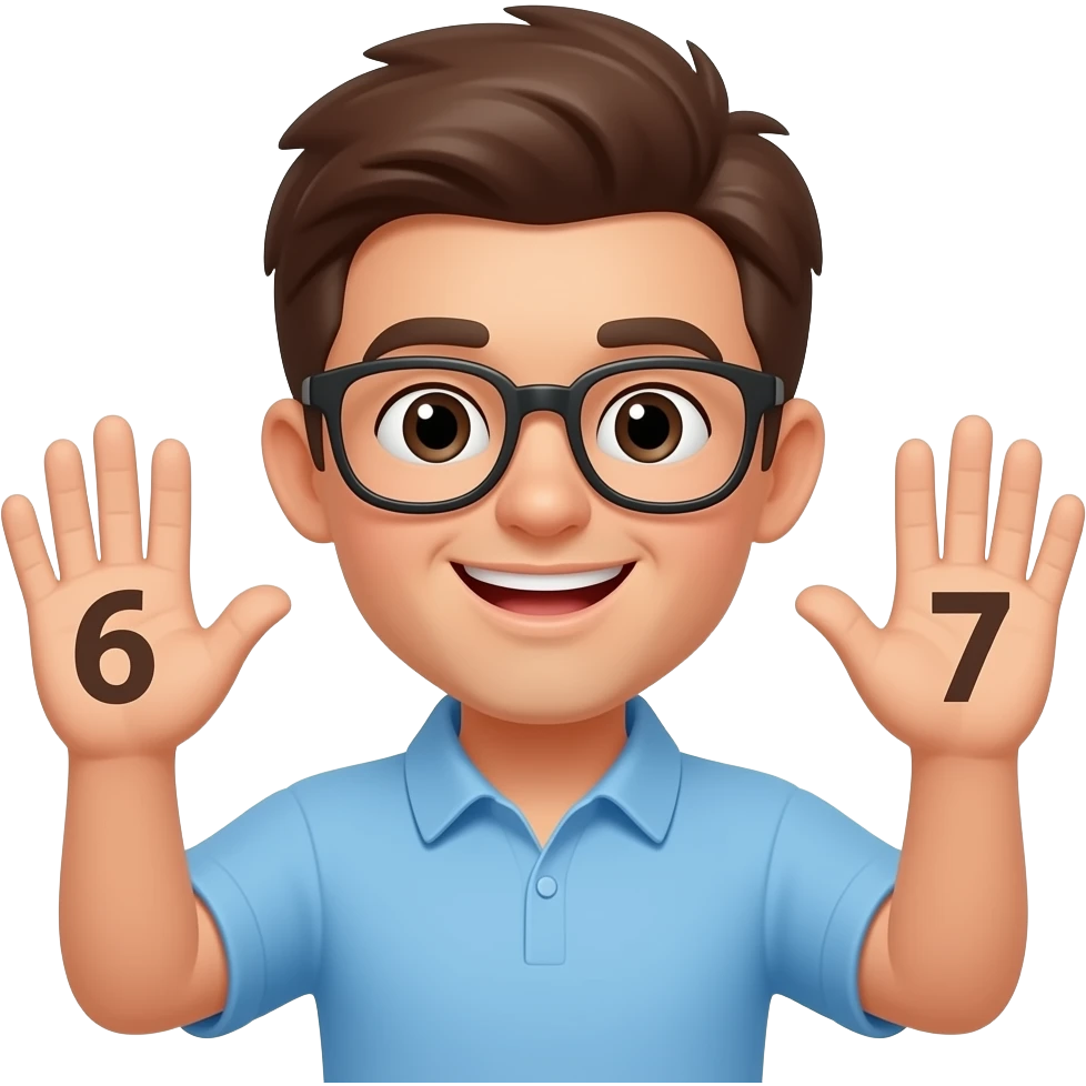 A guy waving his 2 hands up and a text above the hands the left one is number 6 and the right one has 7 emoji