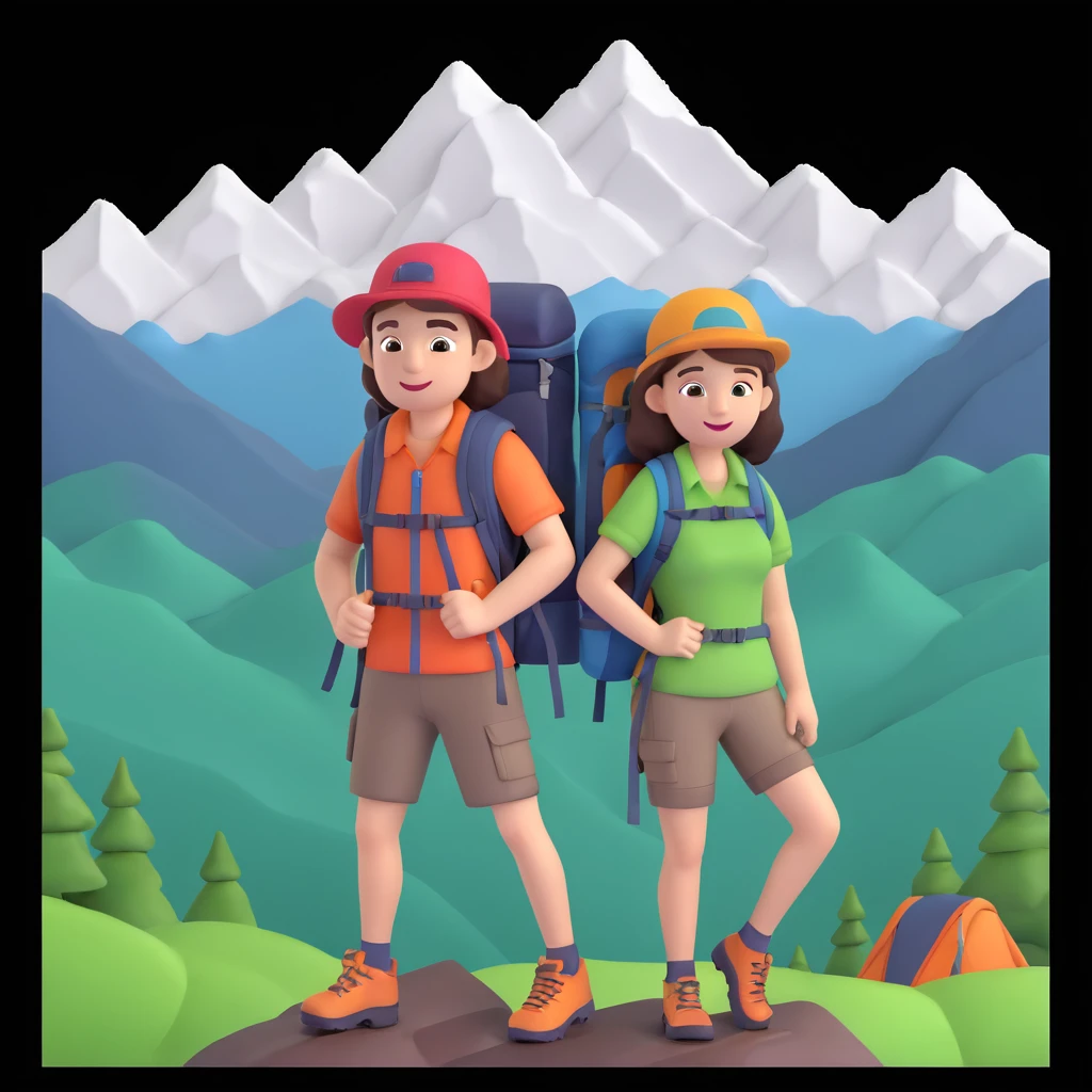 back packer couple posing, mountains in background,   close up pose emoji