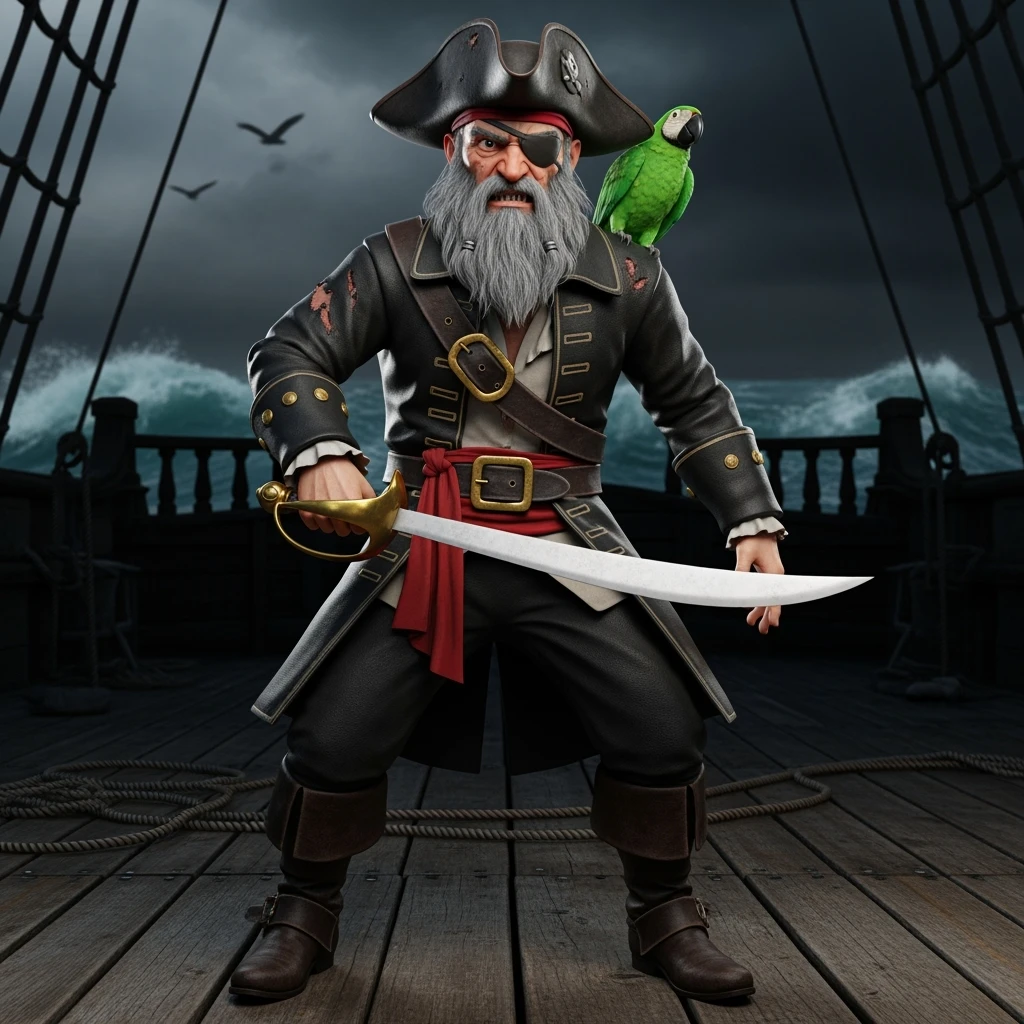3d illustration of a pirate with eye patch and parrot emoji