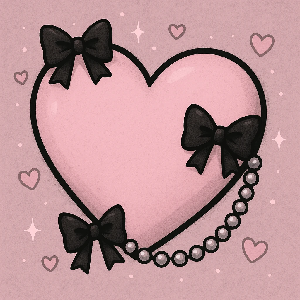 pastel goth heart with black bows and pearls, soft pink and black, cute gothic style emoji