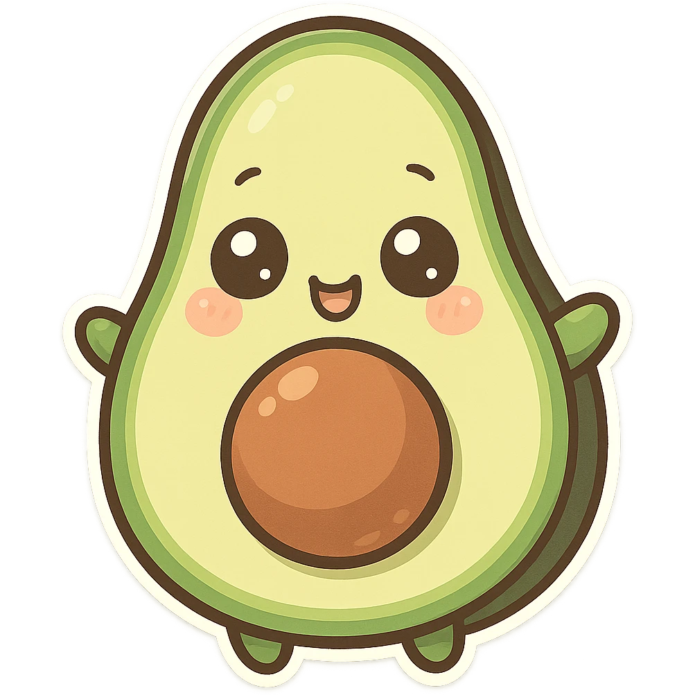 chibi sticker-style avocado, cute and exaggerated emoji