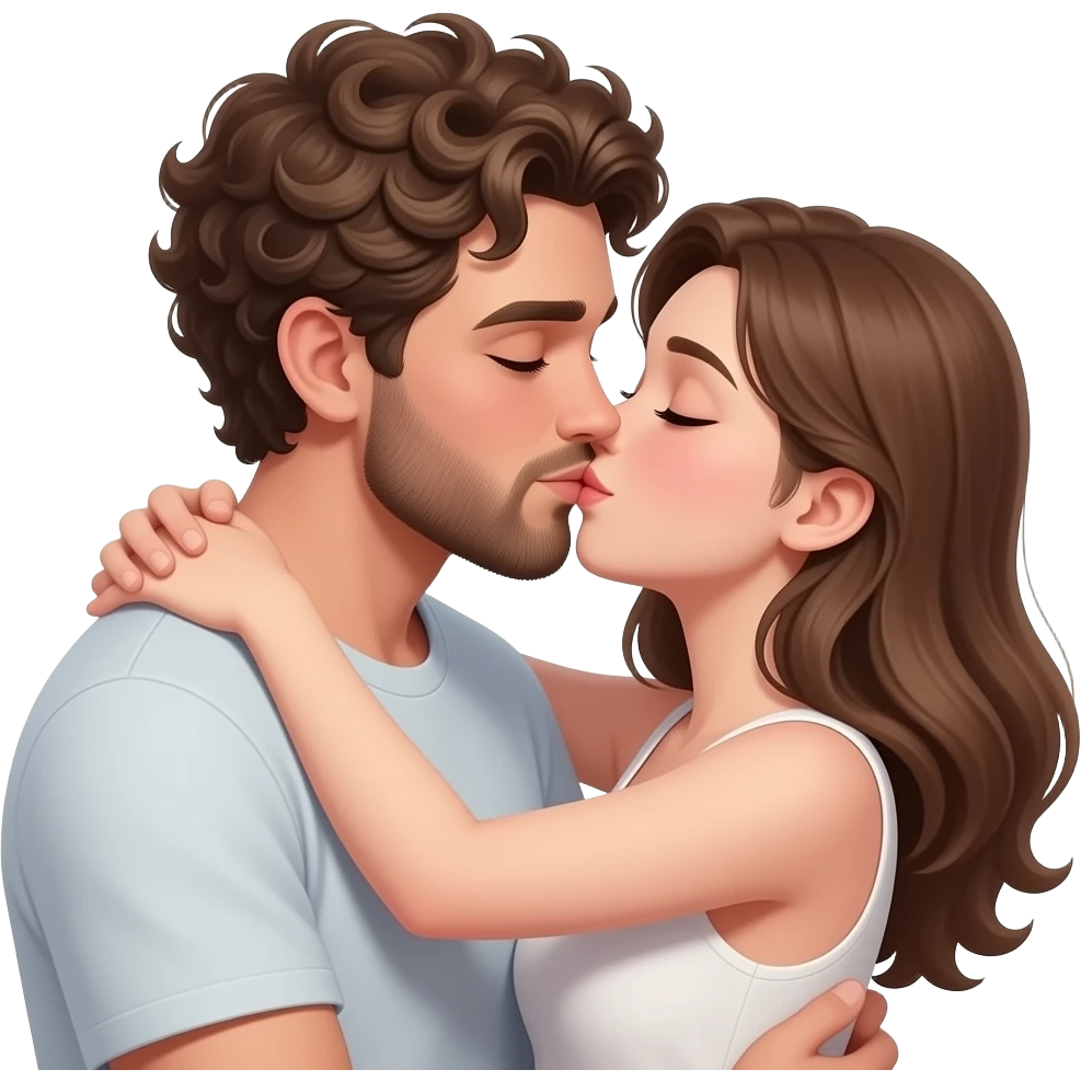 Realistic white man super short curly brown hair with beard kissing passionately and hugging realistic white girl brown hair HD emoji