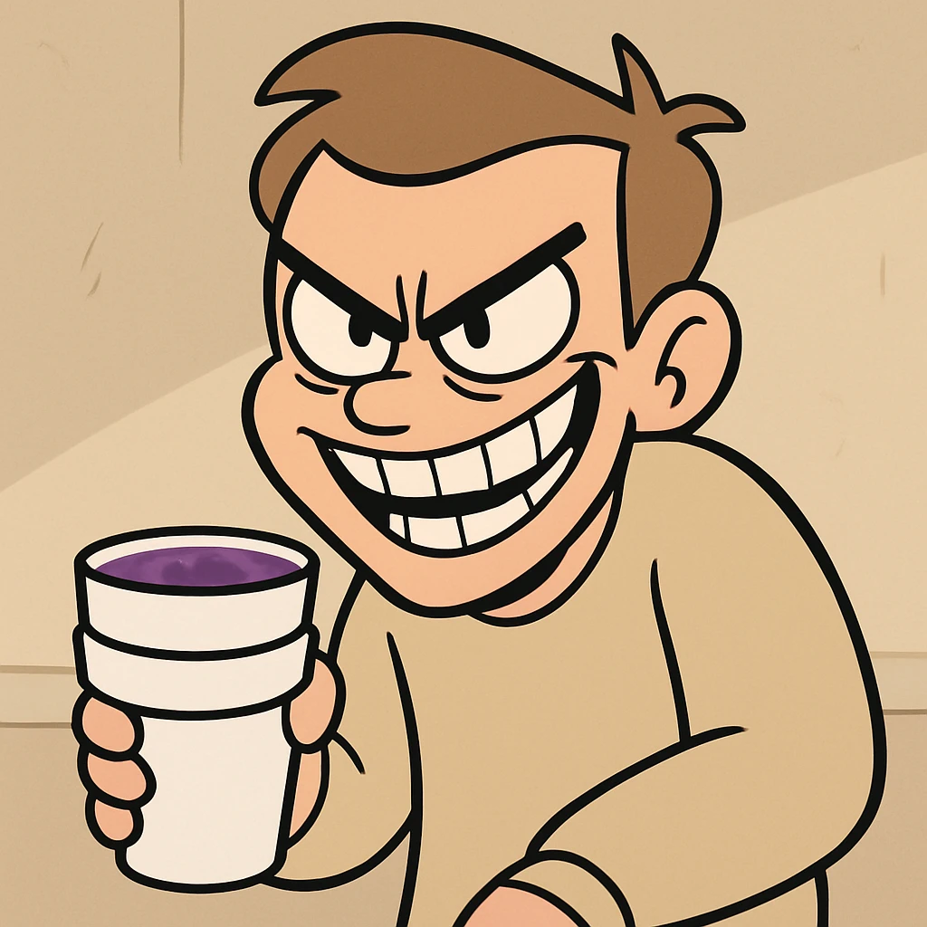 sharp, slanted angry eyes and a wide devious grin, holding a double cup of purple drank, cartoon style emoji