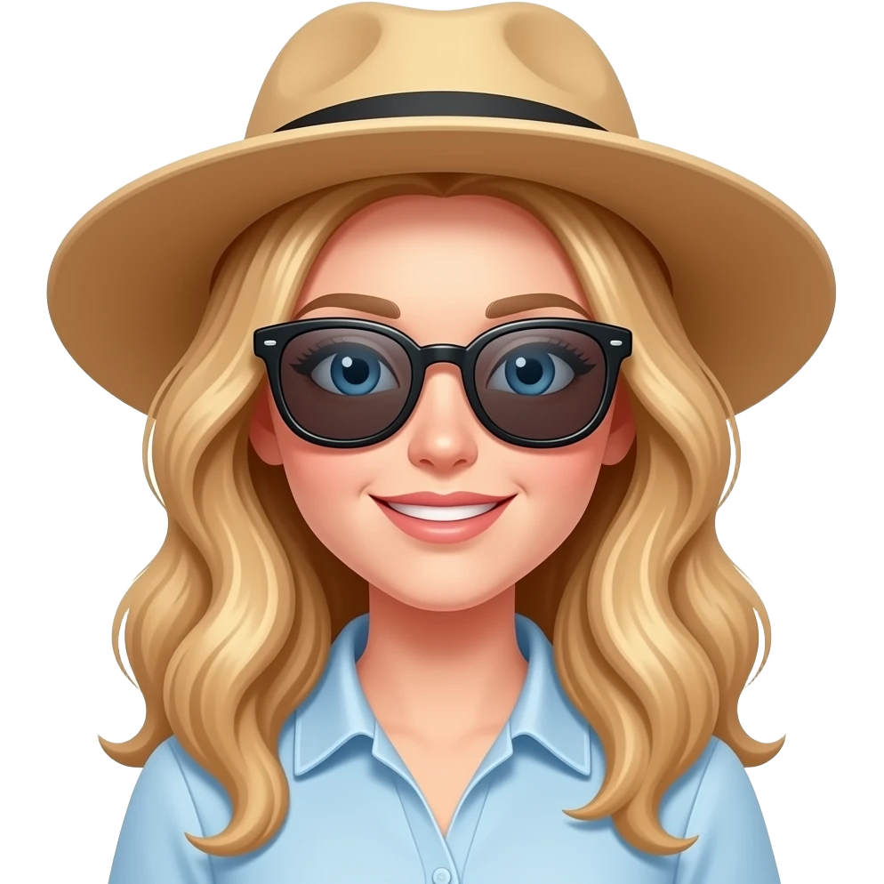 a teacher with long wavy blond hair and blue eyes wearing sunglasses and a summer hat on holidays emoji