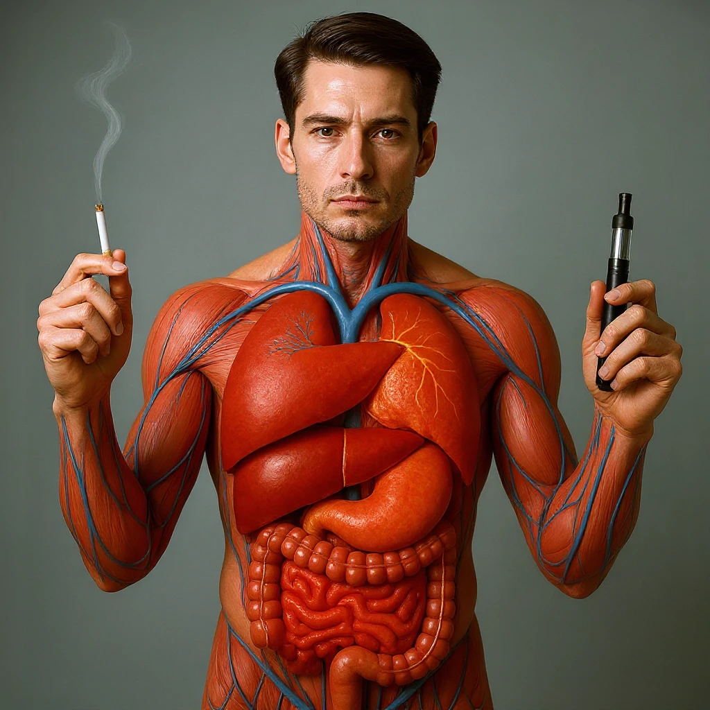 Hyperrealistic 4K vertical 9:16 medical illustration, realistic human anatomical body, inflamed liver and intestines highlighted, man holding a lit cigarette in the right hand and an electronic cigarette in the left, style identical to the reference image. emoji