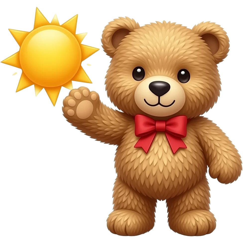 teddy bear with red bow holding the sun emoji