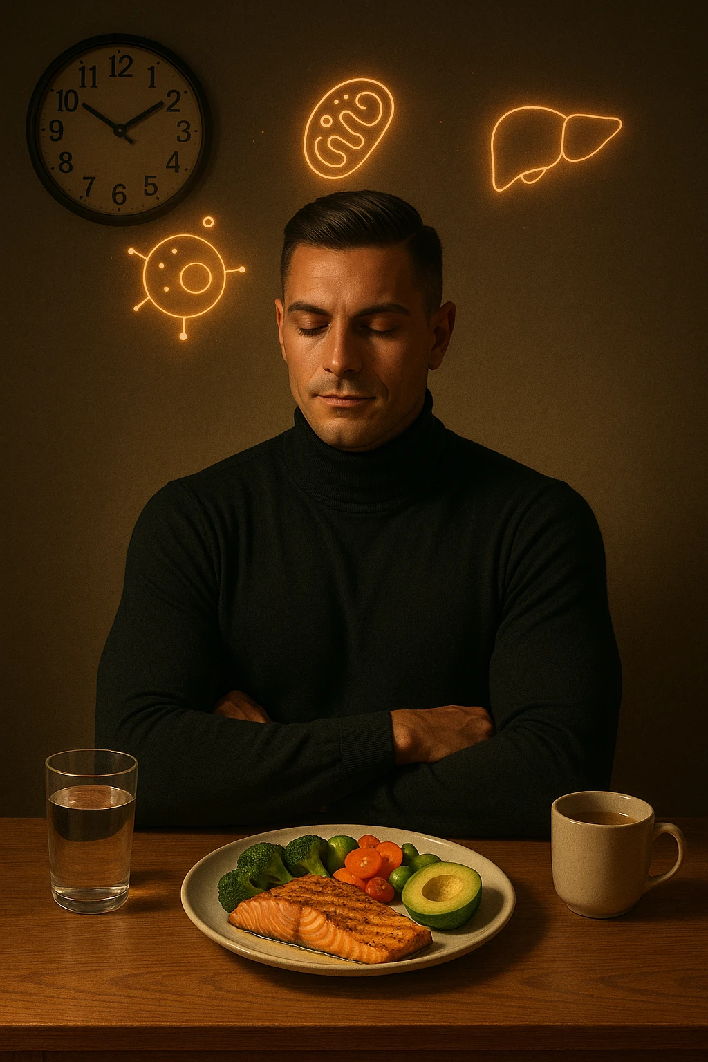 A realistic, cinematic illustration of a healthy, fit man in his early 30s with a calm, disciplined expression, sitting at a clean wooden table in the evening with a single, balanced, nutrient-dense meal in front of him (grilled salmon, colorful vegetables, avocado). The rest of the day he drinks only water and herbal tea, visible in a glass and a simple cup on the side. A wall clock in the background shows 6:00 PM, emphasizing that this is his only meal of the day (OMAD). Subtle glowing icons above him display a regenerating cell, mitochondria, and a liver symbol, representing autophagy, longevity, and health benefits of OMAD. The lighting is warm, with cinematic shadows and natural tones, creating a sense of discipline, mental clarity, and health optimization. The man looks centered and content, showing that OMAD is a conscious choice for energy and regeneration, not restrizione. The scene is realistic with slight film grain for depth emoji