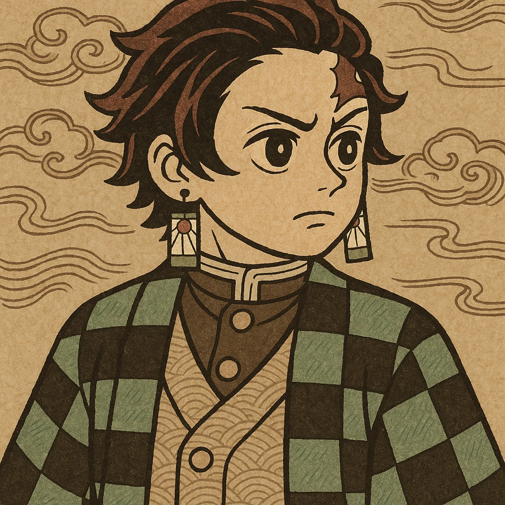 Tanjiro Kamado anime style, green checkered haori, hanafuda earrings, short black hair with burgundy tips, determined expression emoji