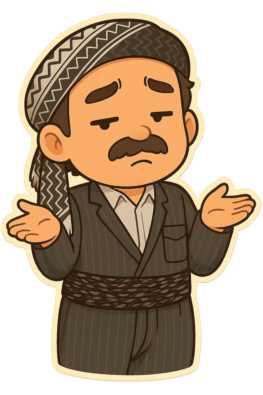Create a colorful and cheerful cartoon sticker of a Kurdish man wearing the same clothes and scarf as the reference image, with no changes to the outfit or scarf. The face should have an indifferent or 'I don't know' expression similar to the 🤷‍♂️ emoji. Both hands are open and shoulders raised. The image should have no shadows or color halos around it, no text, and a completely transparent background. Suitable for WhatsApp and Instagram. emoji