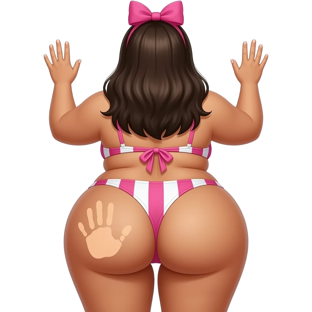 A tanned really extremely fat pink and white big booty latina showing back its bikini and big thighs and buttocks while putting her hands behind the wall and she has a skin colored hand print on her left buttocks and she with a pink bow tie on her head emoji