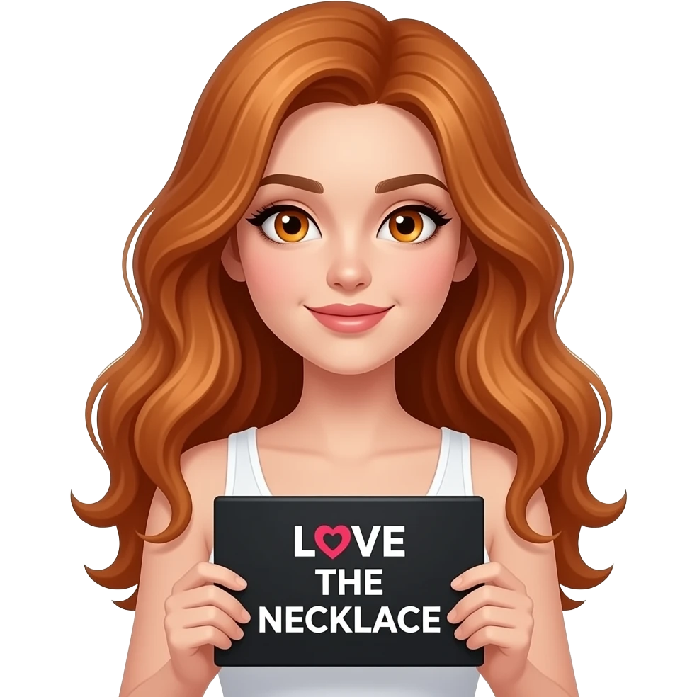 sexy girl with long wavy ginger hair and ginger eyes wearing a white tanktop is holding a black colored sign with LOVE THE NECKLACE written on it emoji
