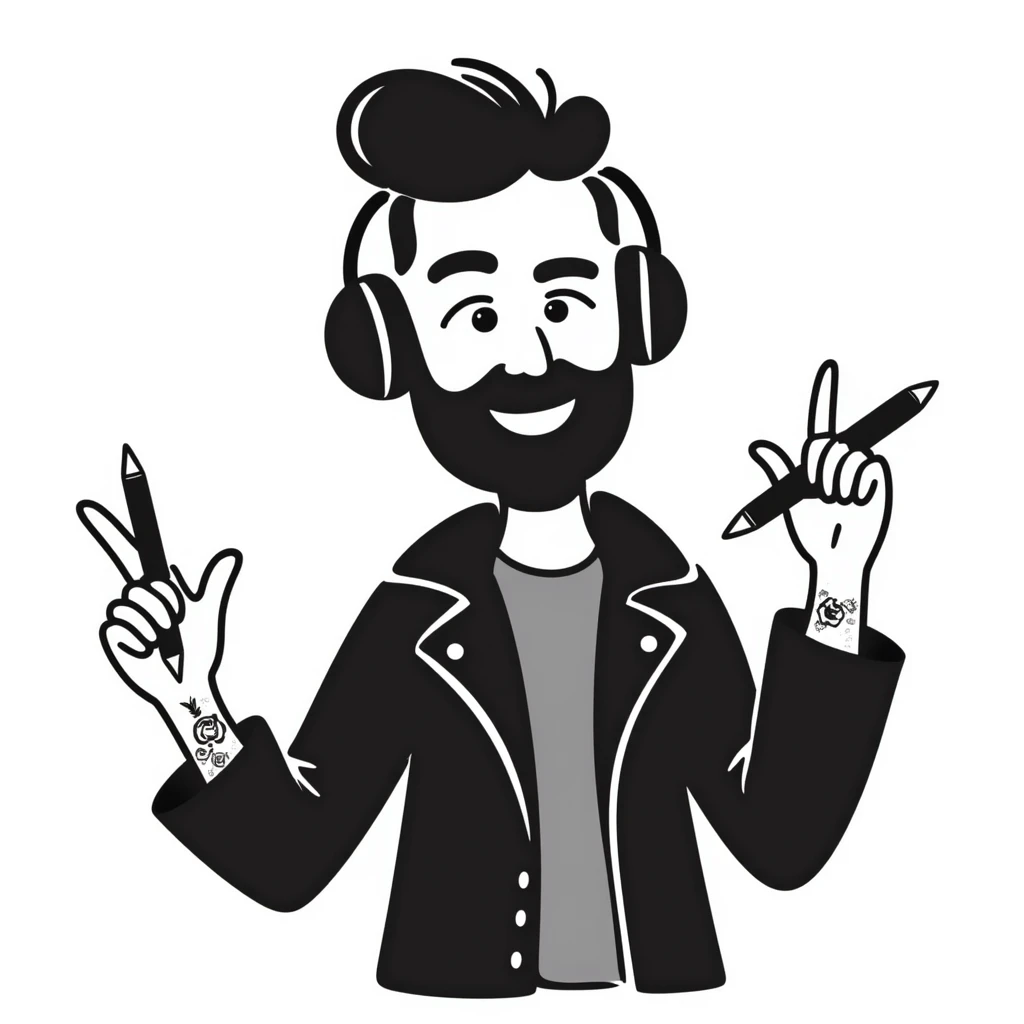 pop rock musician with well-groomed stylish beard, arm tattoos, headphones on ears, smiling confidently, holding microphone in one hand and pencil in other hand emoji